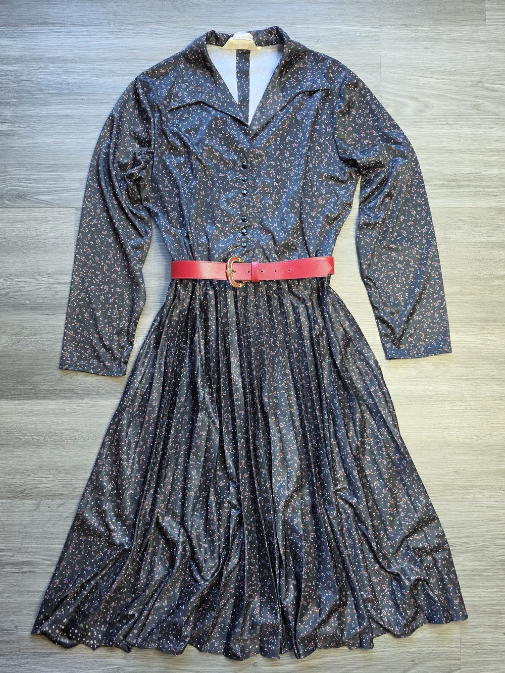 Vintage Dark Blue Micro Floral Long-Sleeve Pleated Midi Dress